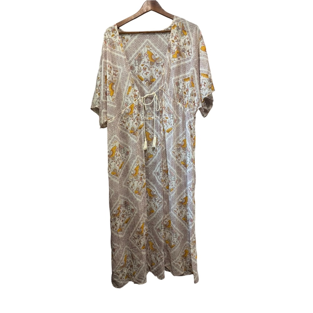 Xhilaration Kimono Maxi Dress Women XL/XXL Cream Yellow Butterfly Boho Excellent